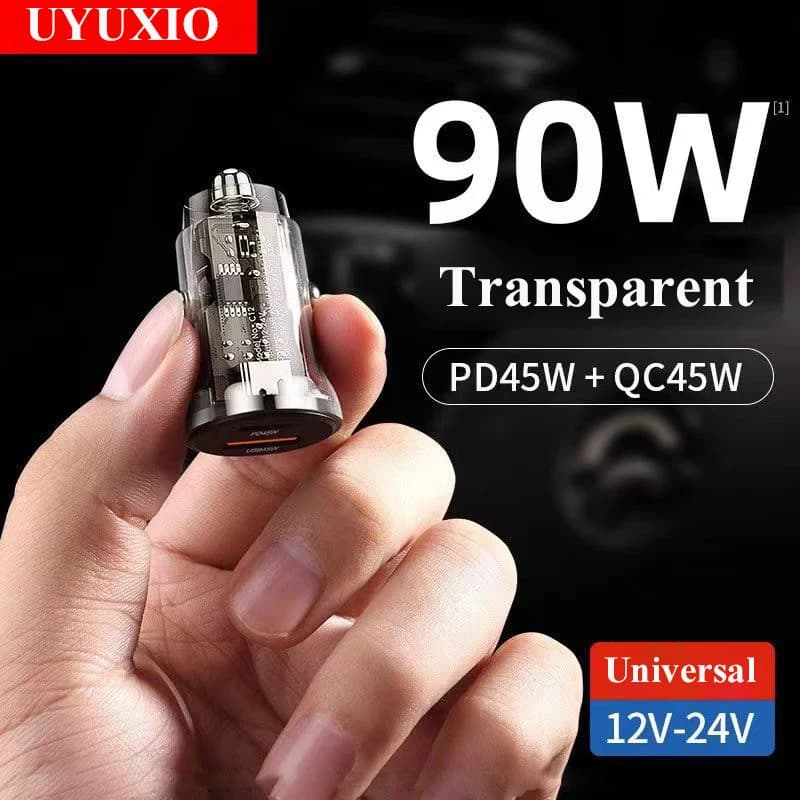 UYUXIO Adattatore per caricabatteria per telefono da auto USB C trasparente 2 in 1 PD 90W Ricarica super veloce in auto per iPhone 16 Telefono Android Samsung