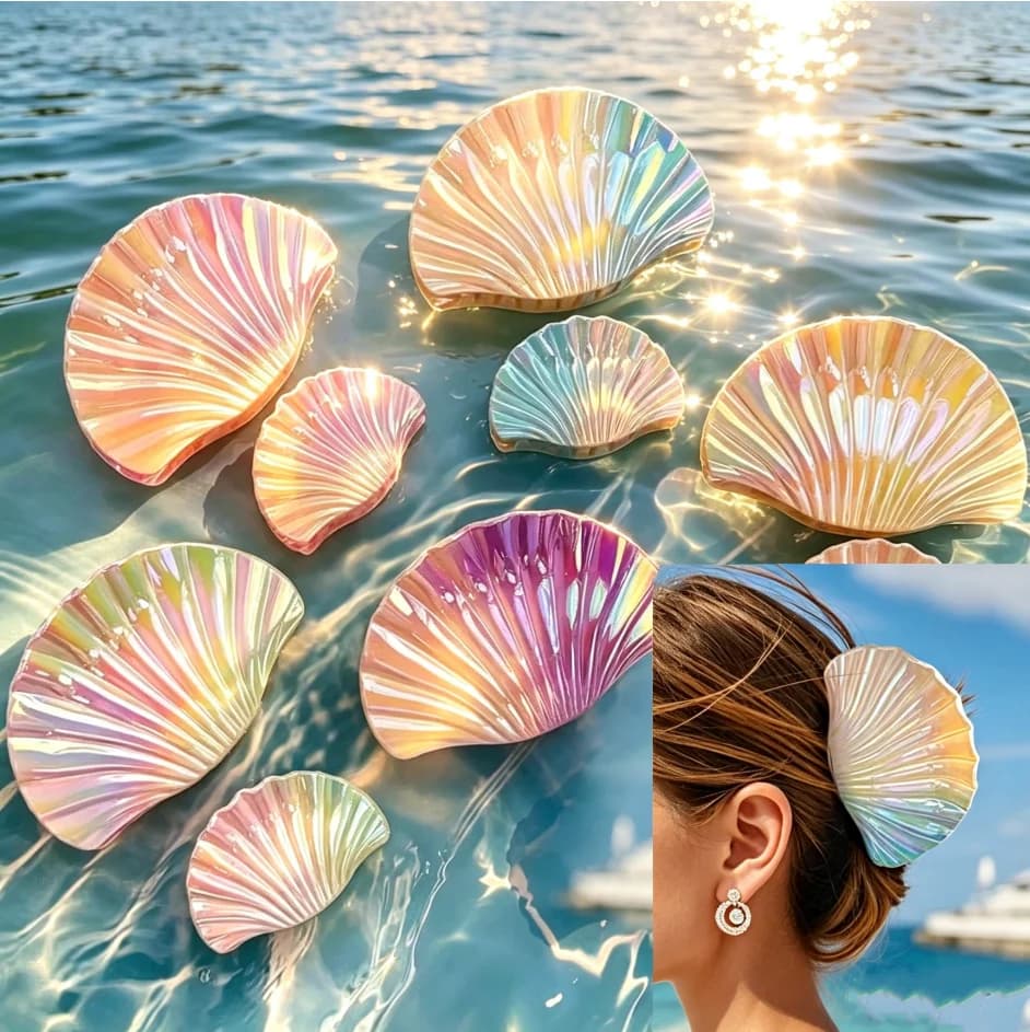 Fermaglio per capelli a gradiente a forma di conchiglia, tema oceano, stile vacanza estiva, fermaglio a squalo, accessori per capelli da donna per le vacanze