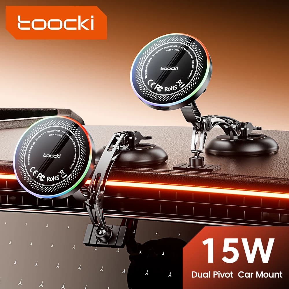 Magnetic Support for Toocki Auto Phone with 15W Wireless Charger, Dual Swivel Support for iPhone 17 16 15 Pro Max for Magsafe
