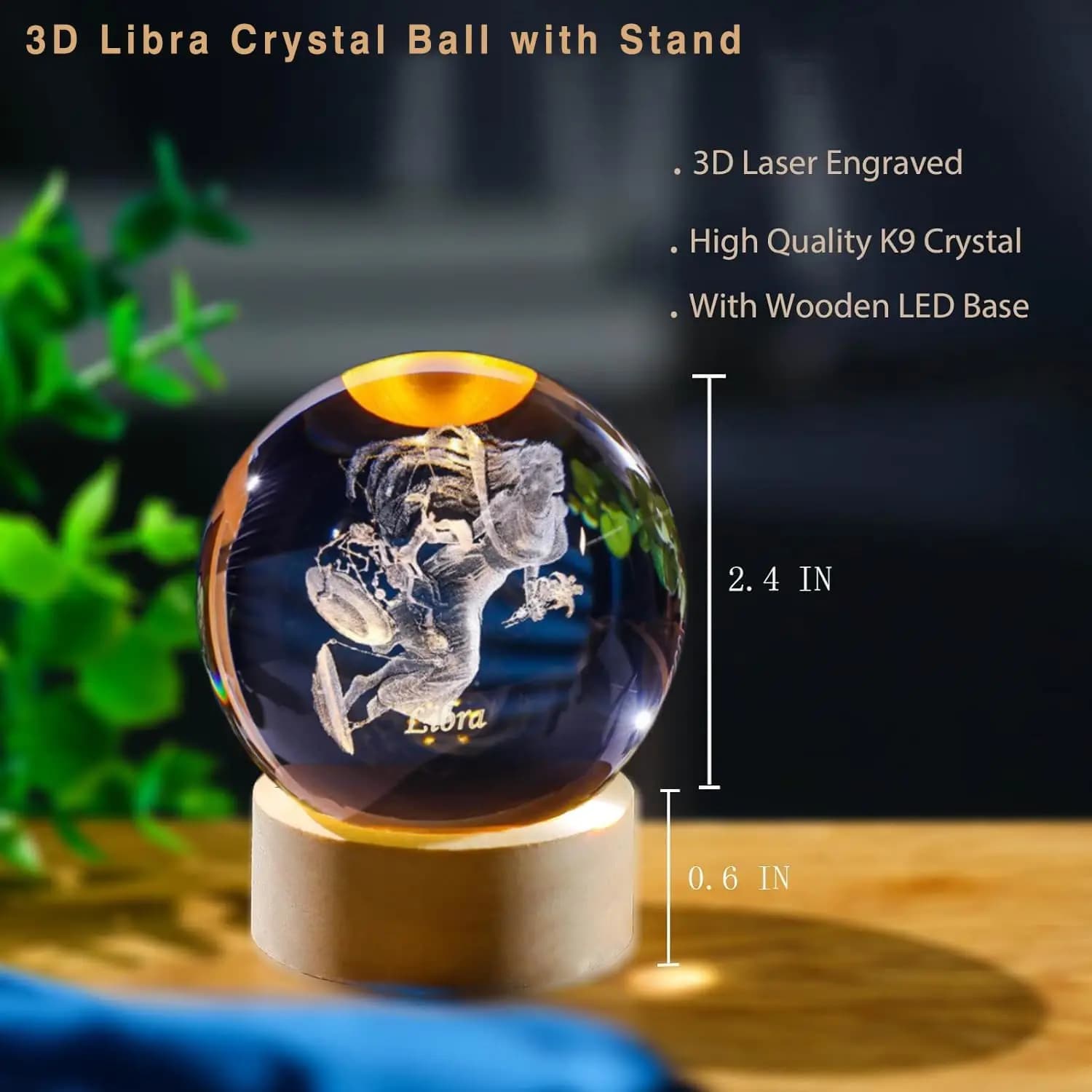 Sfera di cristallo Bilancia 3D con base luminosa in legno Costellazione Sfera di vetro Palline decorative Fermacarte Regali di compleanno Decorazioni per la casa