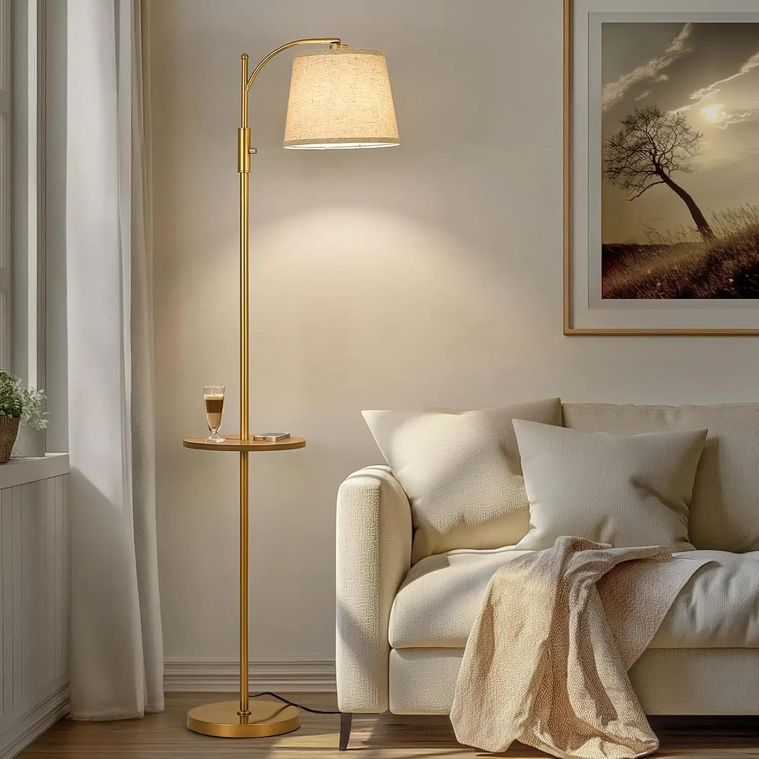 Lampada da Terra Completamente Dimmerabile con Tavolino Laterale, Testa Regolabile e Lampadina LED da 9W per Soggiorno o Camera da Letto