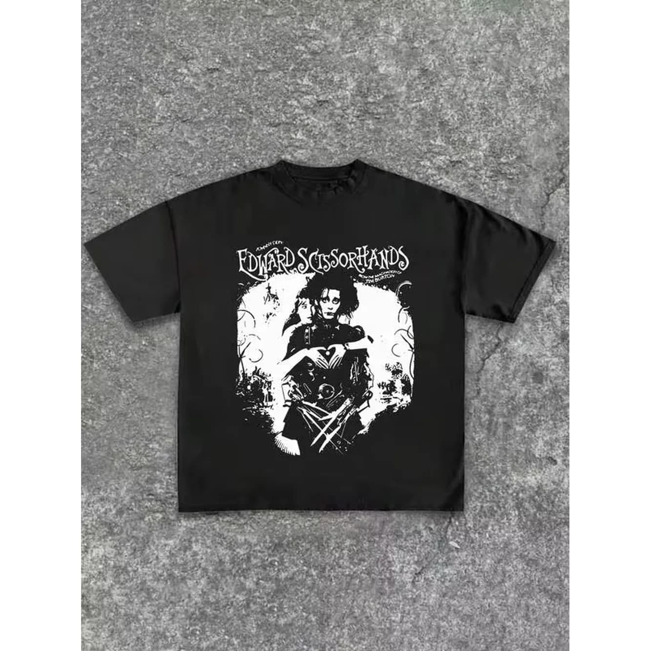 Tim - Burton - Inspired Black Cotton T - Shirt Featuring Edward and Kim Design, Soft & Casual, 220gsm Pattern Printed