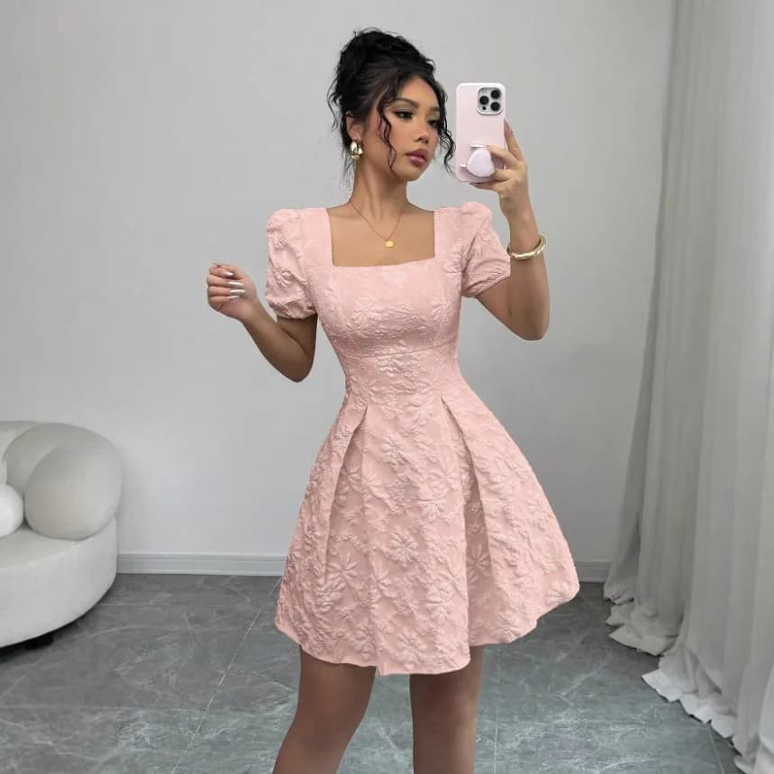 Elegant Summer 2025 Women's Slim Fit Dress with Blooming Sleeve Square Collar A-Line Skirt Bubble Sleeve Pure Color Dress