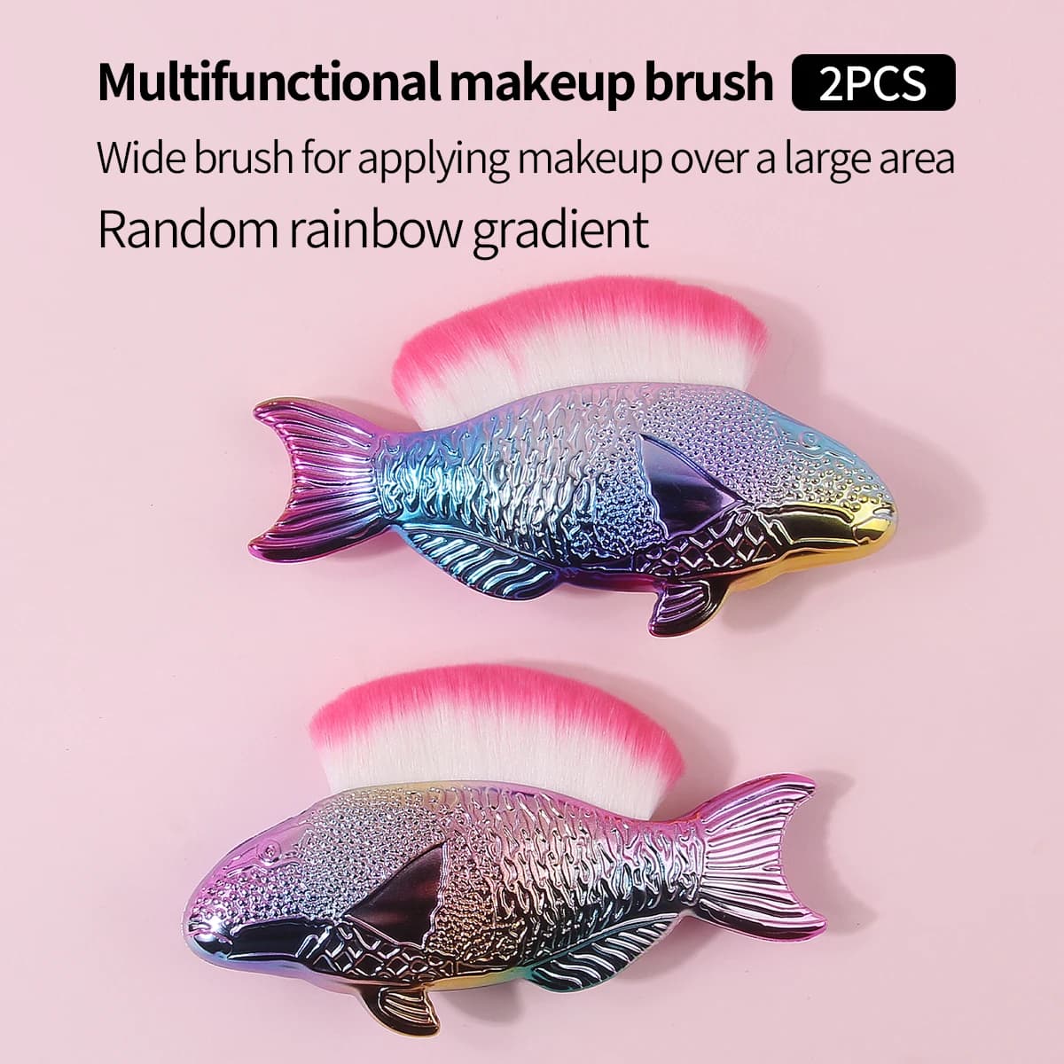 Set di pennelli per trucco a forma di pesce da 2 pezzi, pennello singolo con sfumatura arcobaleno, capelli morbidi e larghi per fard e cipria
