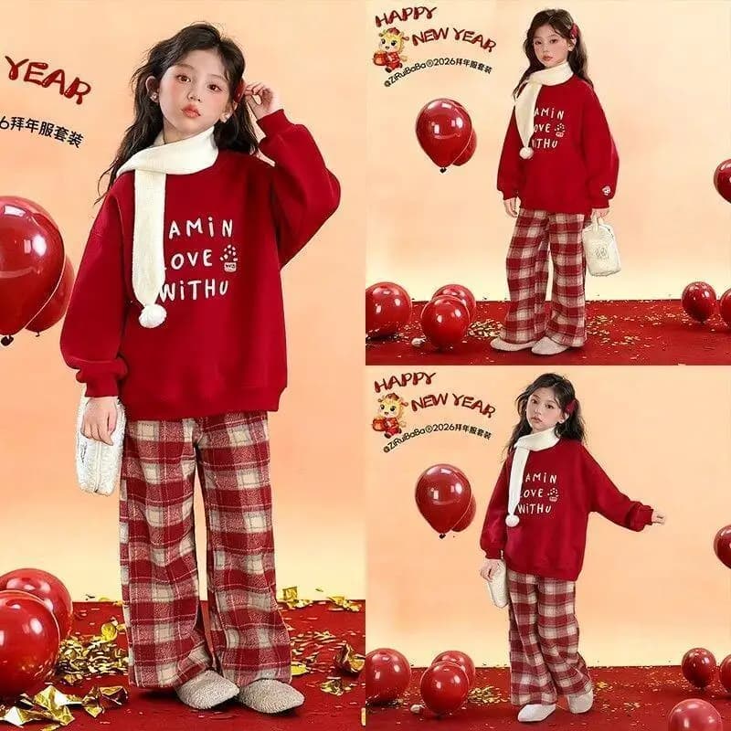 Set cappotto casual Kawaii Set moda 2 pezzi Abbigliamento per bambini Ragazze 2025 Nuova stampa Felpa con cappuccio Pantaloni scozzesi Set due pezzi Rosso cinese