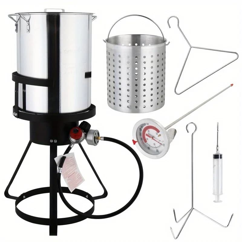 Friggitrice per Tacchino in Acciaio Inox da 30QT con Fornello a Propano da 55.000 BTU - Include Cestello per Frittura Profonda, Termometro, Iniettore per Marinatura, Griglia per Tacchino e Sollevatore - Ideale per Patio Esterno e Campeggio - Regalo di Natale Perfetto