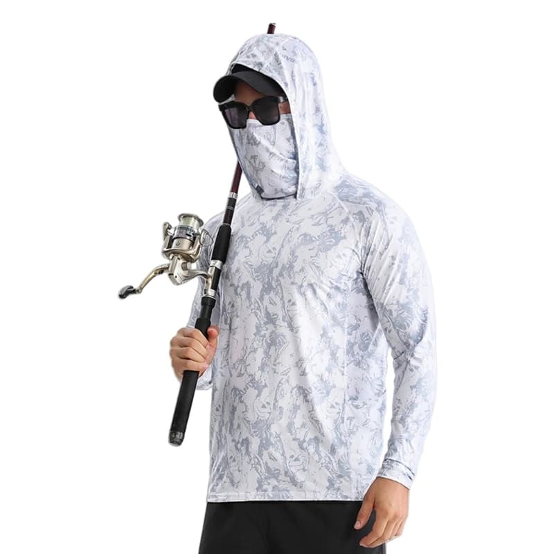 G6DE Manica lunga con cappuccio Abbigliamento per pesci Protezioni solari Camicia da pesca Camicia da pesca con maschera Ghetta