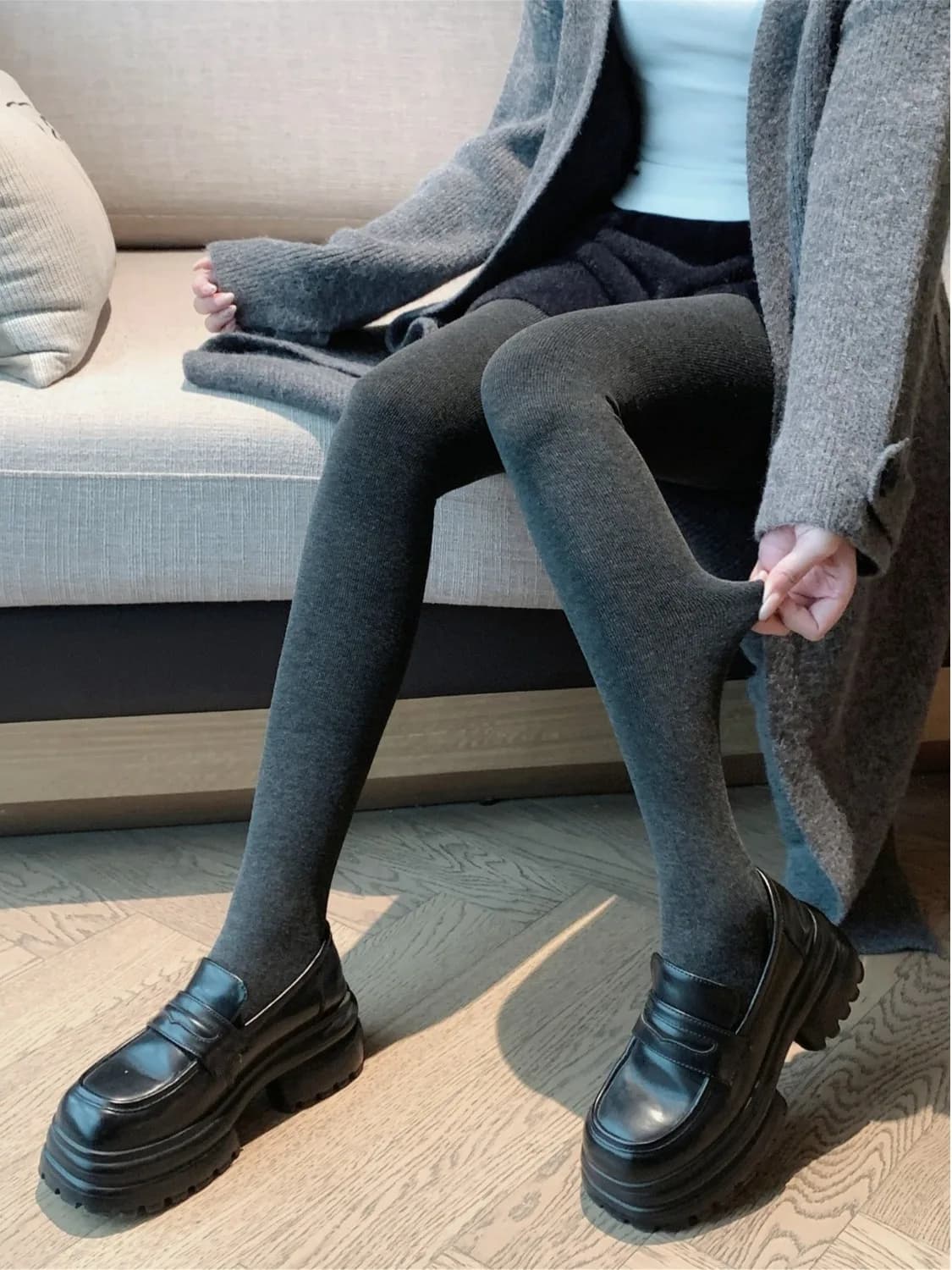 Korean Style Thin Fleece Women's Summer Base Layer Pants Slimming Leggings Warmth Socks Integrated Design Elastic Waist