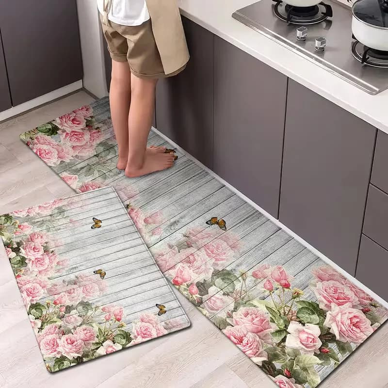 Tappeto estetico con stampa floreale rosa, tappetino da cucina, tappeto per corridoio, tappeto per soggiorno, tappetino per porta della camera da letto, decorazione per interni