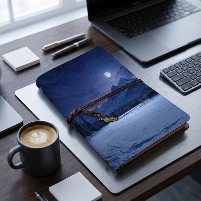 Quaderno in pelle PU con motivo cielo notturno, luna e montagna innevata, stampa con paesaggio notturno stellato, chiusura con ciondolo a forma di piuma, formato A6 Trave