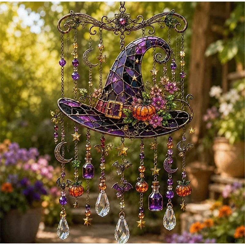 2D Halloween Themed Crystal Wind Chime Sparkling Bat Ghost Pumpkin Black Cat Wind Chime Outdoor Decor for Garden Patio Porch