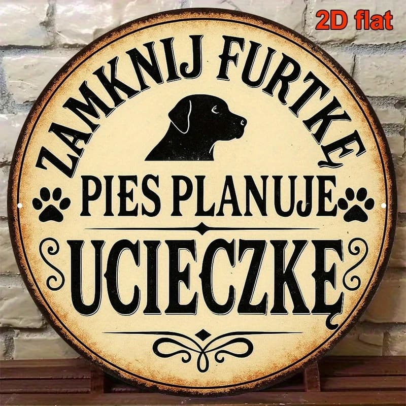 2D Retro Dog Outline And Paw Prints "Planning to Run Away" Wooden Round Sign Polish Craft for Rural Style Pet Collar Decor