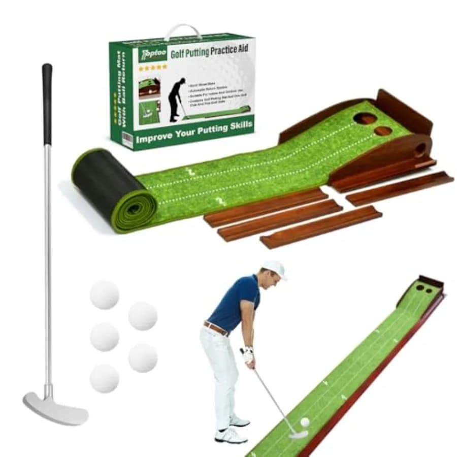 Tappetino da Golf per Putting Indoor e Outdoor con Ritorno Palla, Ausilio per Allenamento su Green per Casa, Ufficio, Giardino, con Putter e 5 Palline