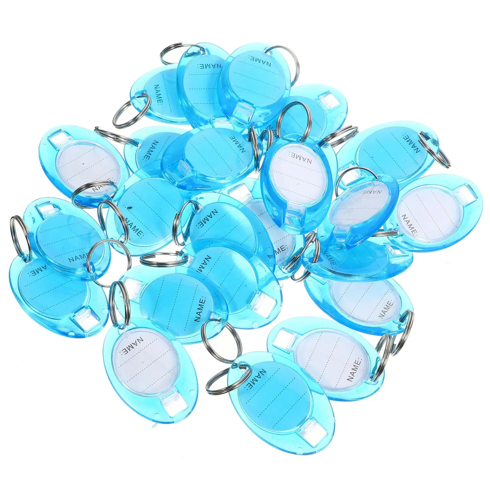 50 etichette per portachiavi in plastica, blu cielo, scrivibili, con catene per portachiavi