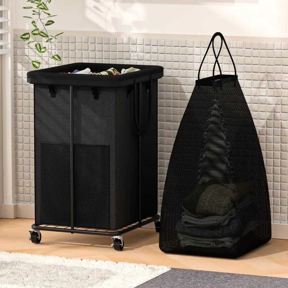 150 litre large linen basket with removable washing bag, design with metal structure suitable for laundry (black with bag)