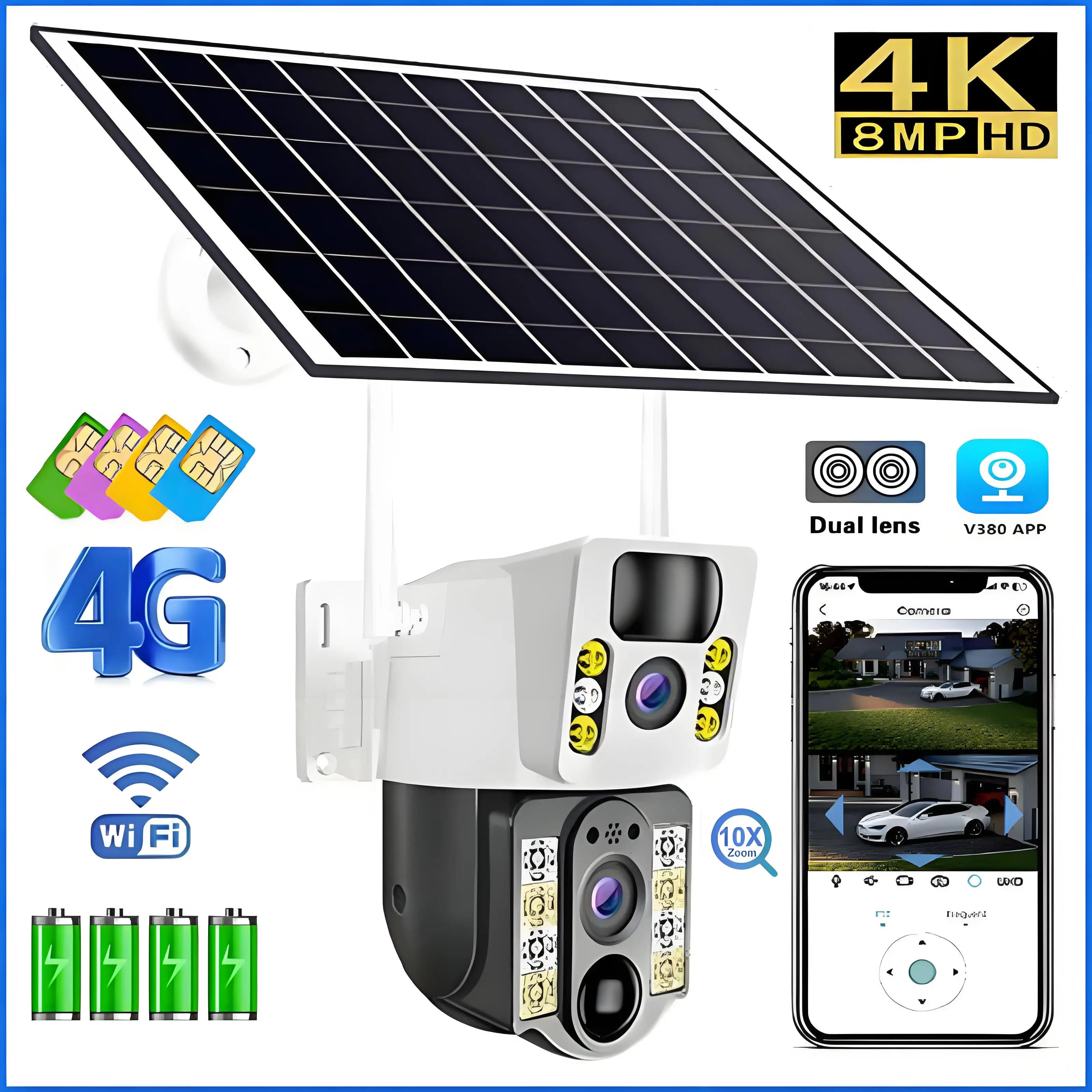 Telecamera solare 8MP 4K 4G Sim Esterna Doppia Lente Wireless WiFi IP Cam PIR Visione Notturna Auto Tracking Pannello Solare di Sorveglianza CCTV