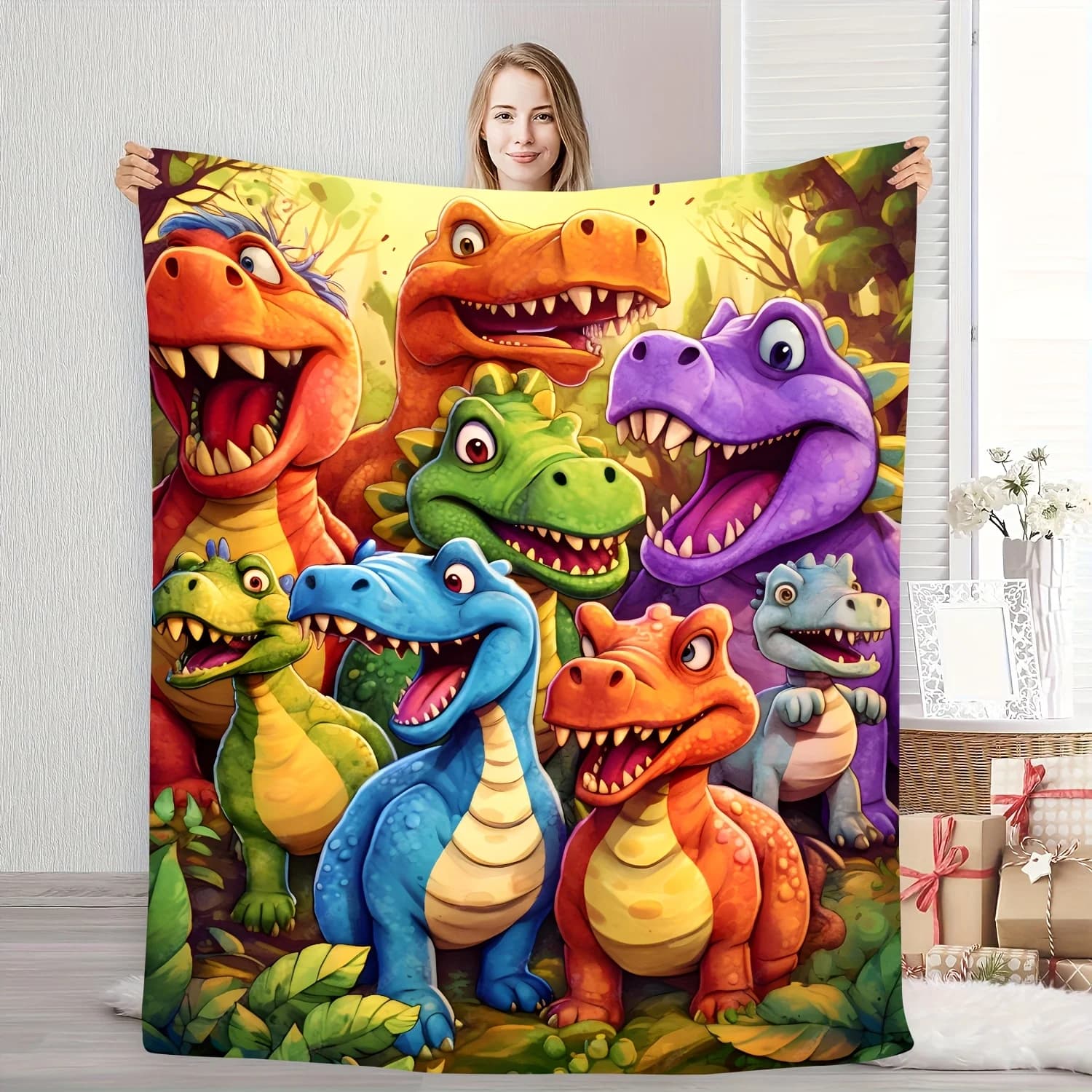 Simpatico piccolo dinosauro simile al cartone animato Coperta stampata in flanella adatta a tutte le stagioni adatta per i viaggi del divano dell'ufficio del soggiorno