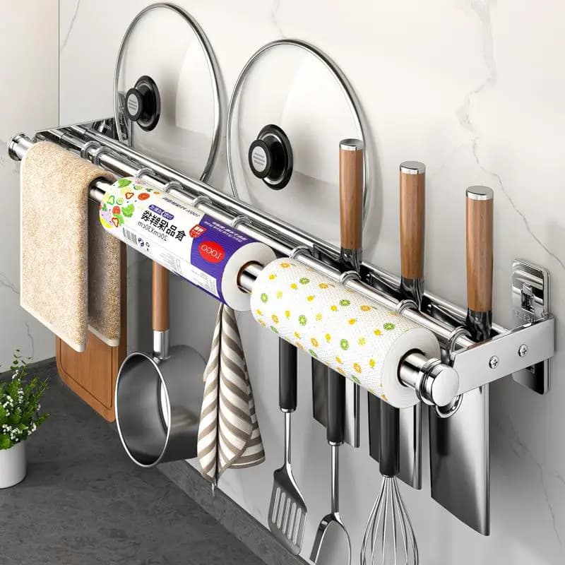 304 Stainless Steel Kitchen Storage Rack with Hooks Pot Lid Paper Towel Holder No Drilling Required Knife Holder Organizer