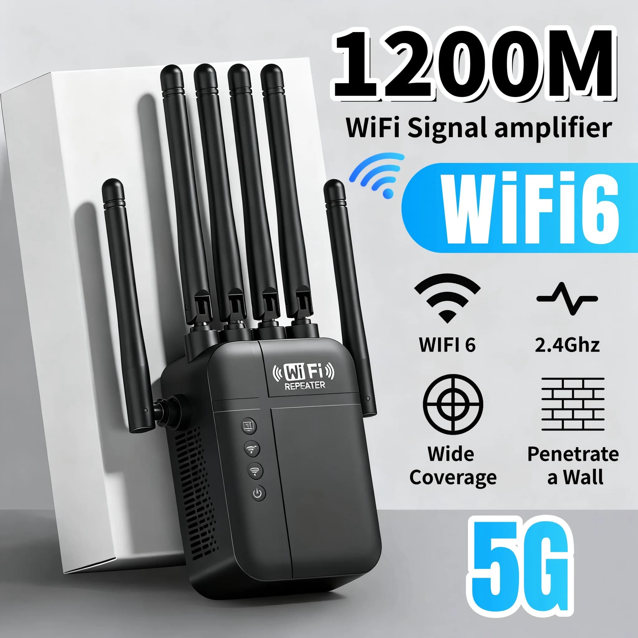 Ripetitore WiFi Dual Band 2.4GHz 5GHz 1200Mbps, Amplificatore di Segnale con Copertura a Parete Penetrante fino a 840 m², Supporta Più Dispositivi