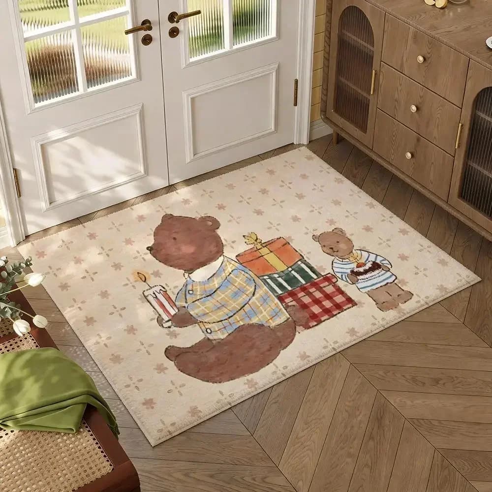 Gift-Box-Opening Bear Floor Mat Soft Thickened Flannel Door Mat Non-Slip Living Room Rug Home Decor