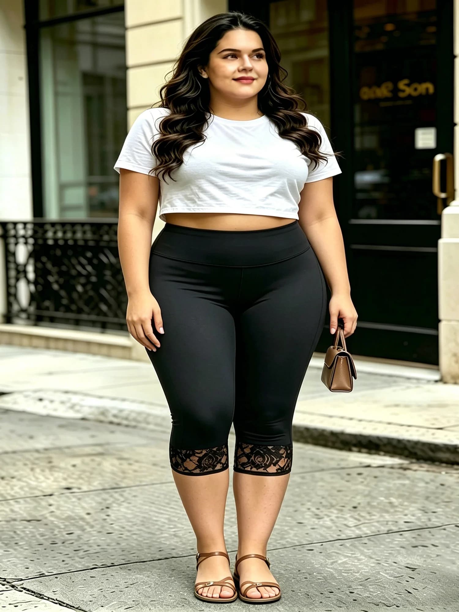Capri Leggings Cropped Casual Daily Lace Trim Stretch Plus Size Summer Women Tight Pants