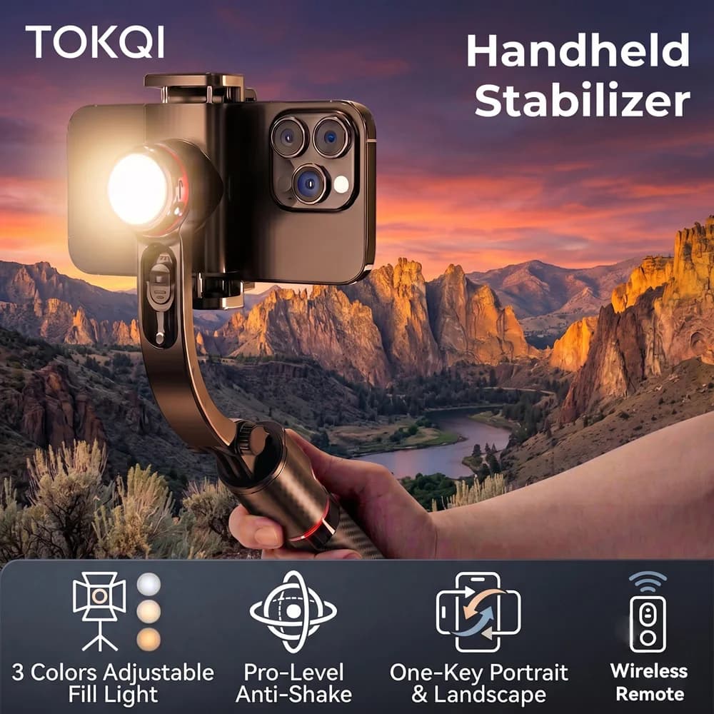 TOKQI Gimbal Stabilizer Anti-Shake Aluminum Alloy Fill Light Selfie Stick Tripod 360° Rotationfor Travel Live Streaming shooting