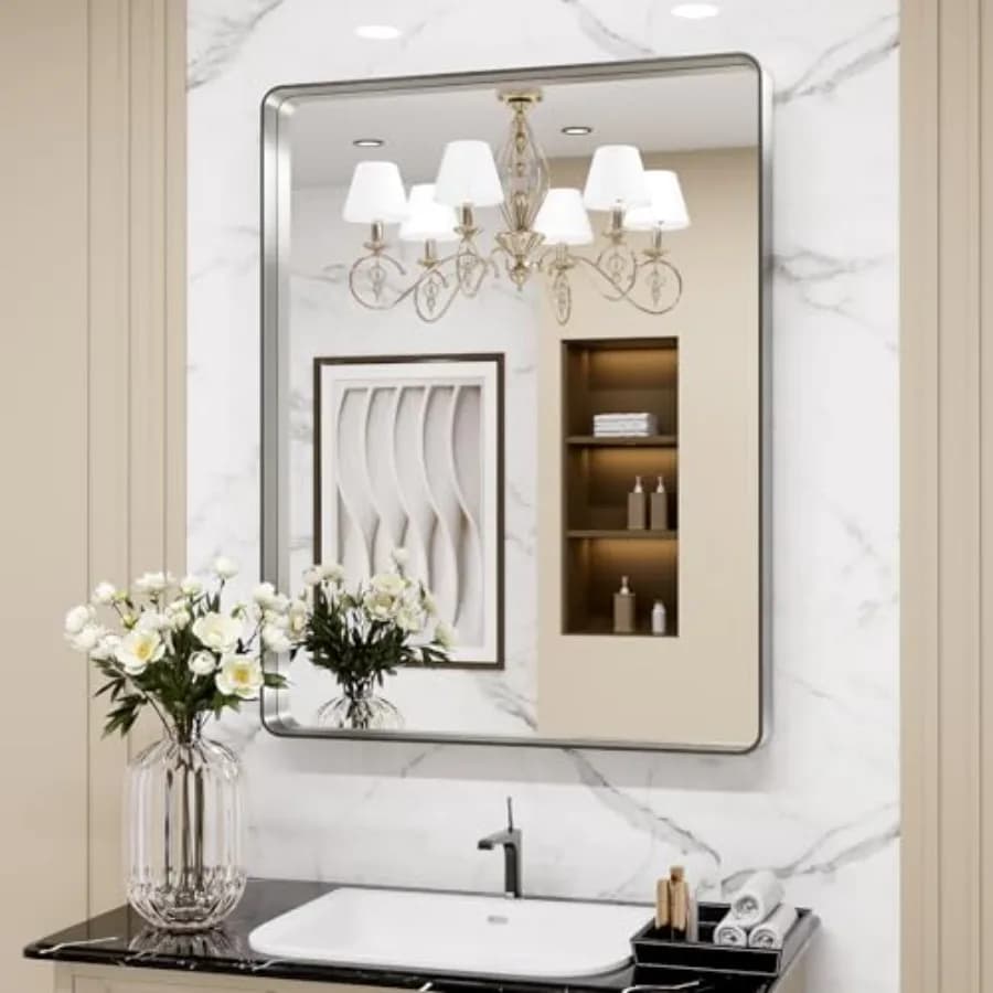 Specchio da Bagno 22x30 Pollici, Specchio Rettangolare Arrotondato con Cornice in Metallo Argento, Antiruggine, Appendibile Orizzontalmente o Verticalmente