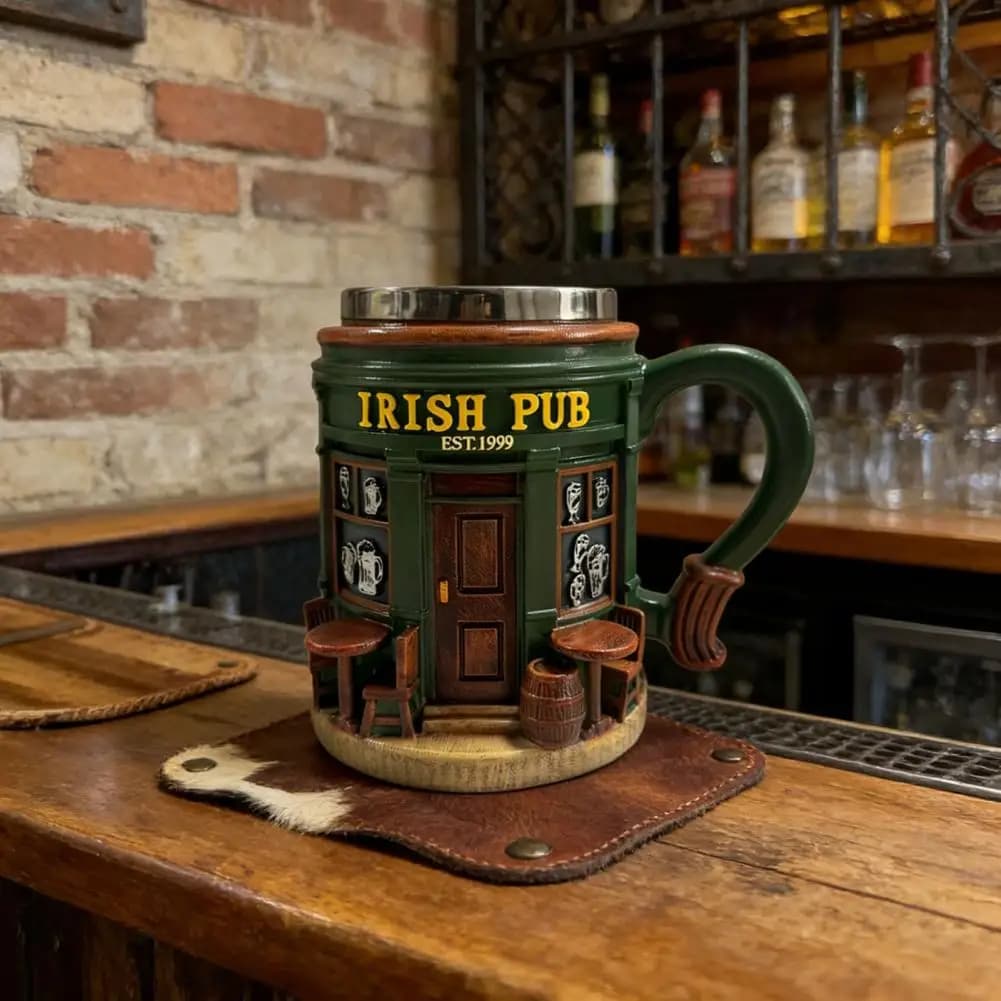 Ergonomic Cup with Comfortable Handle, Irish Pub Style Beer Bush 300ml, Coffee Cup Sculpted Ceramic, Classic for Bar and Beer