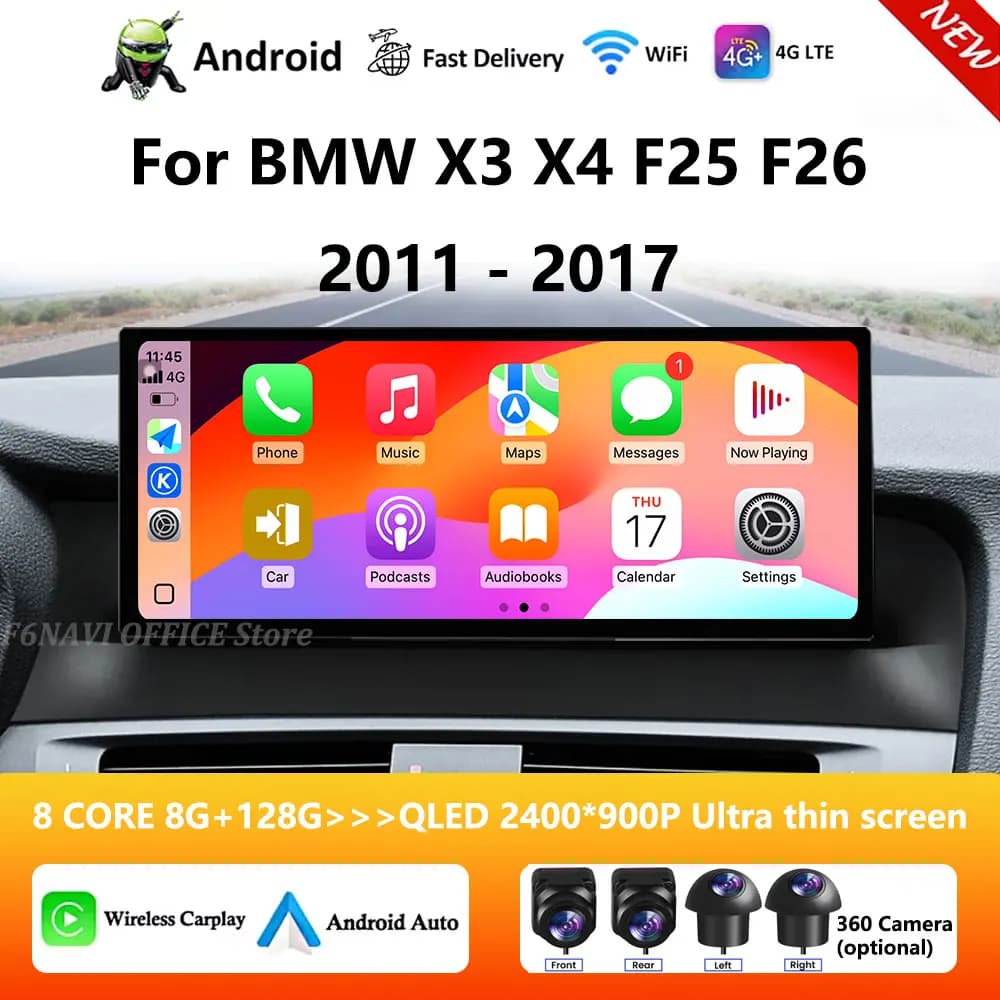 Navigatore GPS per BMW X3 X4 F25 F26 2011-2017 Sistema CIC/NBT Android 16 Bluetooth Wireless CarPlay DSP Audio Android 14 QLED Touch