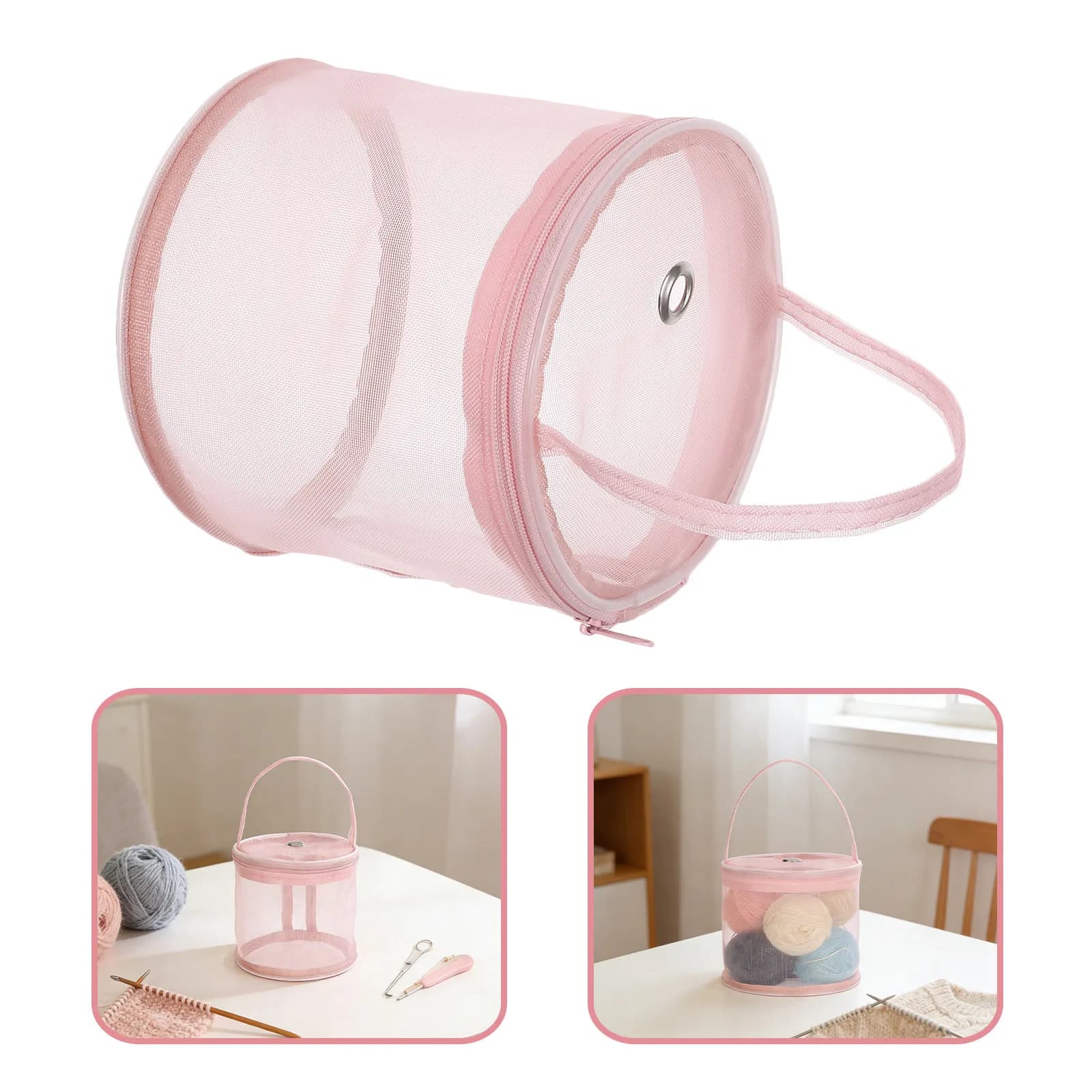 Knitting Yarn Storage Bag Crochet Organizer Tote with Mesh Compartments Portable Lightweight for Travel Camping Pink