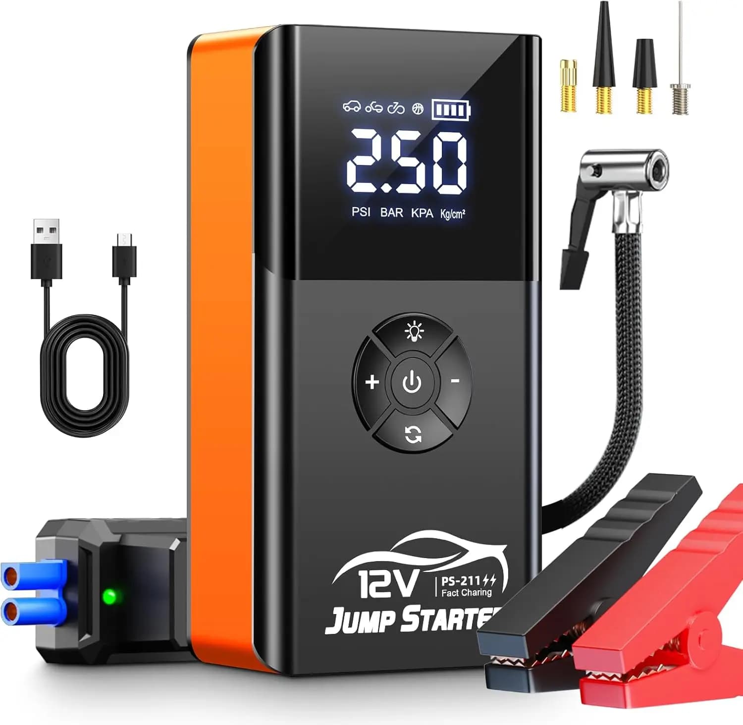 Avviatore d'Emergenza Portatile 8000A 180PSI con Compressore d'Aria, Luci LED e Power Bank per Tutti i Veicoli