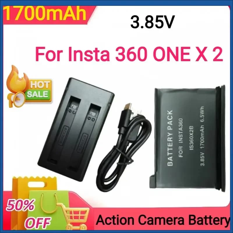 3.85V 1700mAh New Rechargeable Battery + LED 3-Slots Charger for Insta 360 ONE X 2 Action Camera