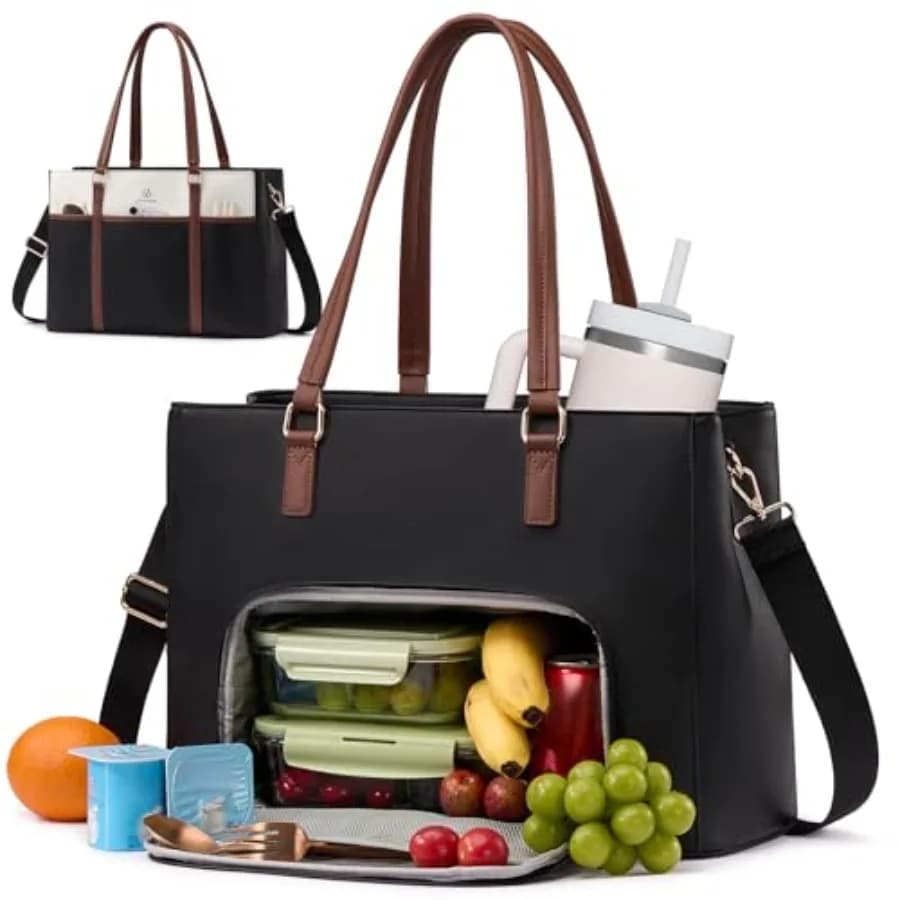 Lunch Bag for Women, Leather Work Laptop Tote Bag with sulated Lunch Compartment, 2 in 1 Lunch Tote for Business, Teacher, Nurs