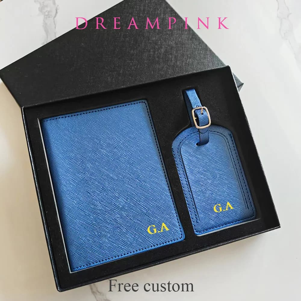 Personalizza iniziali Viaggio Saffiano Porta passaporto Set di etichette per bagagli Confezione regalo Nome personalizzato Logo Donna Uomo Accessori da viaggio