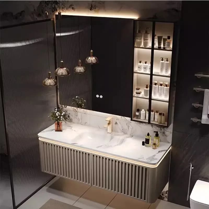Mobile sospeso per lavabo galleggiante in legno massello di quercia con specchio per lavabo per mobili da bagno