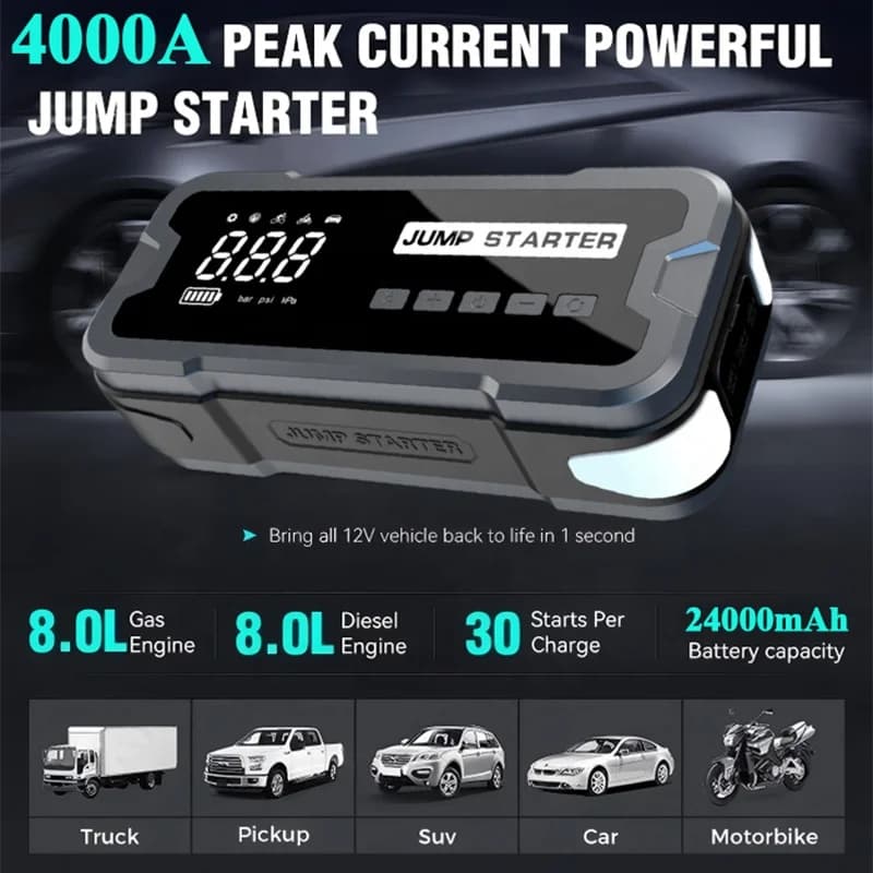 Potente avviamento per auto per tutti i veicoli da 12 V Batteria portatile multifunzione con pompa d'aria Power Bank e illuminazione a LED