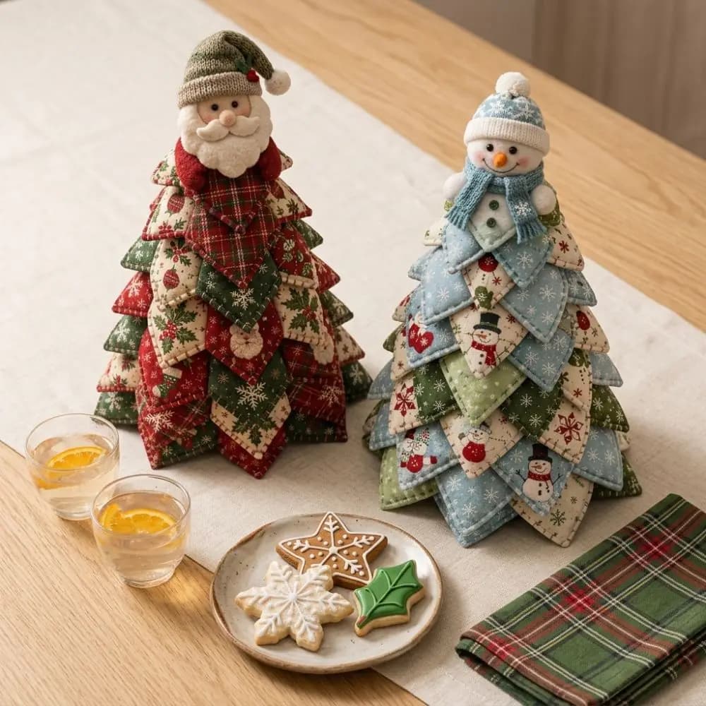 Vintage Style DIY Quilted Christmas Tree Kit Beginner‑Friendly Snowman Elk 3D Tabletop Christmas Sewing Kit Santa Claus Girl