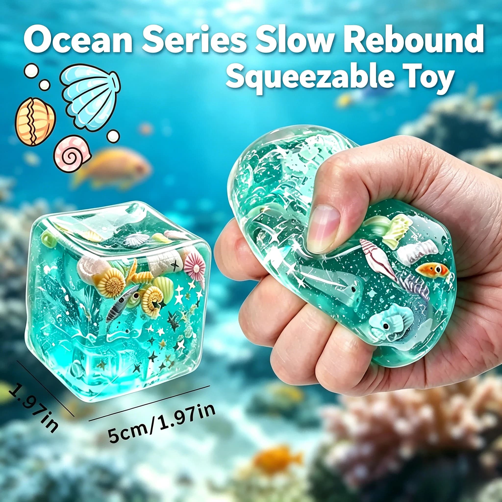 Cubo Squishy Ocean Maltose a Lenta Risposta, Giocattolo Sensoriale Antistress con Conchiglie e Stelle Marine per Alleviare l'Ansia