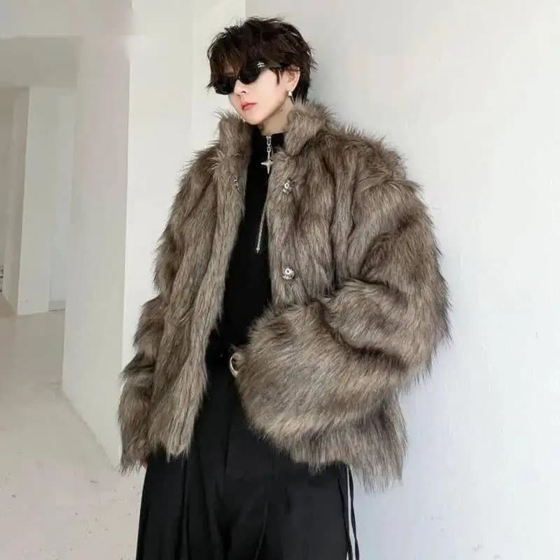 Korean Style Men's Faux Fur Jackets Solid Color Turn-down Collar Casual Single Breasted Winter All-match Male Coats 9XTA1R