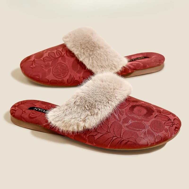 Pantofole soffici di lusso in raso Donna Scivoli comfort antiscivolo caldi per interni Scarpe piatte in cotone per la casa invernale con stampa leggera femminile