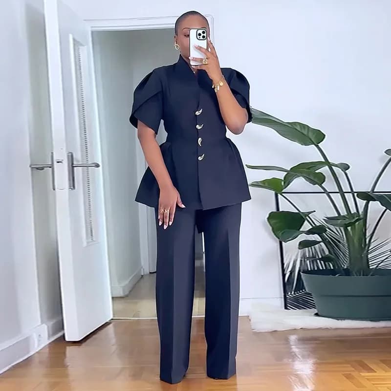 Elegante set di pantaloni da 2 pezzi per donna Camicetta con maniche a bocciolo di fiore tinta unita Top + Pantaloni a gamba dritta abbinati a streetwear femminile