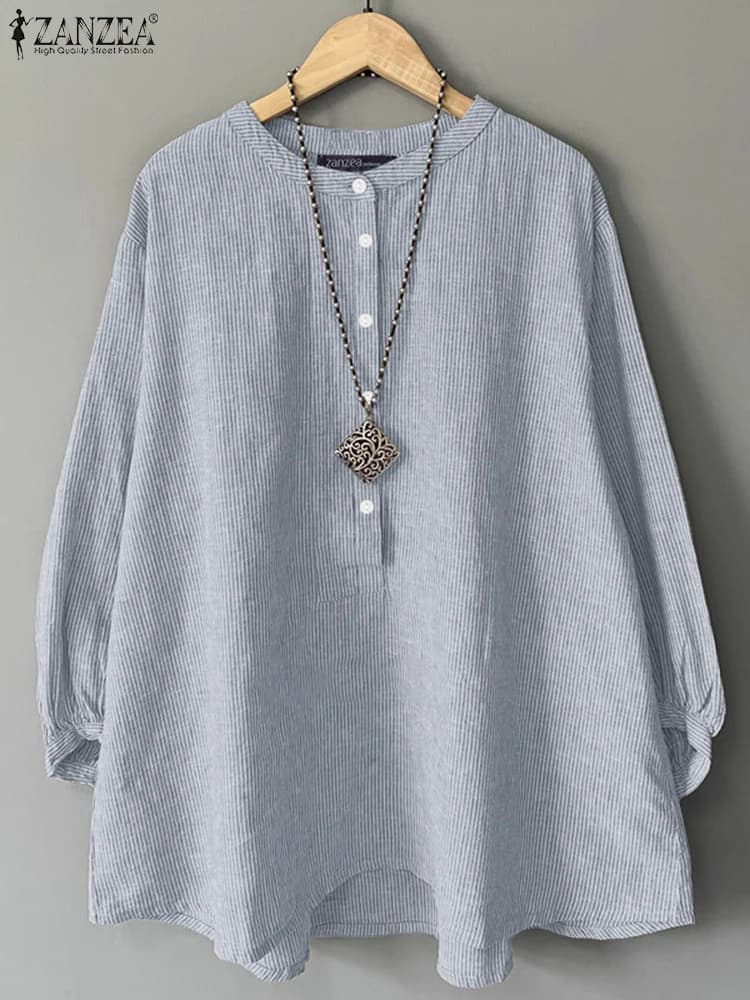 ZANZEA Donna 2026 Camicette primaverili Casual Manica lunga Camicia a righe allentata Elegante Stand Collo Camicetta da lavoro d'ufficio Bottoni Top Mujer