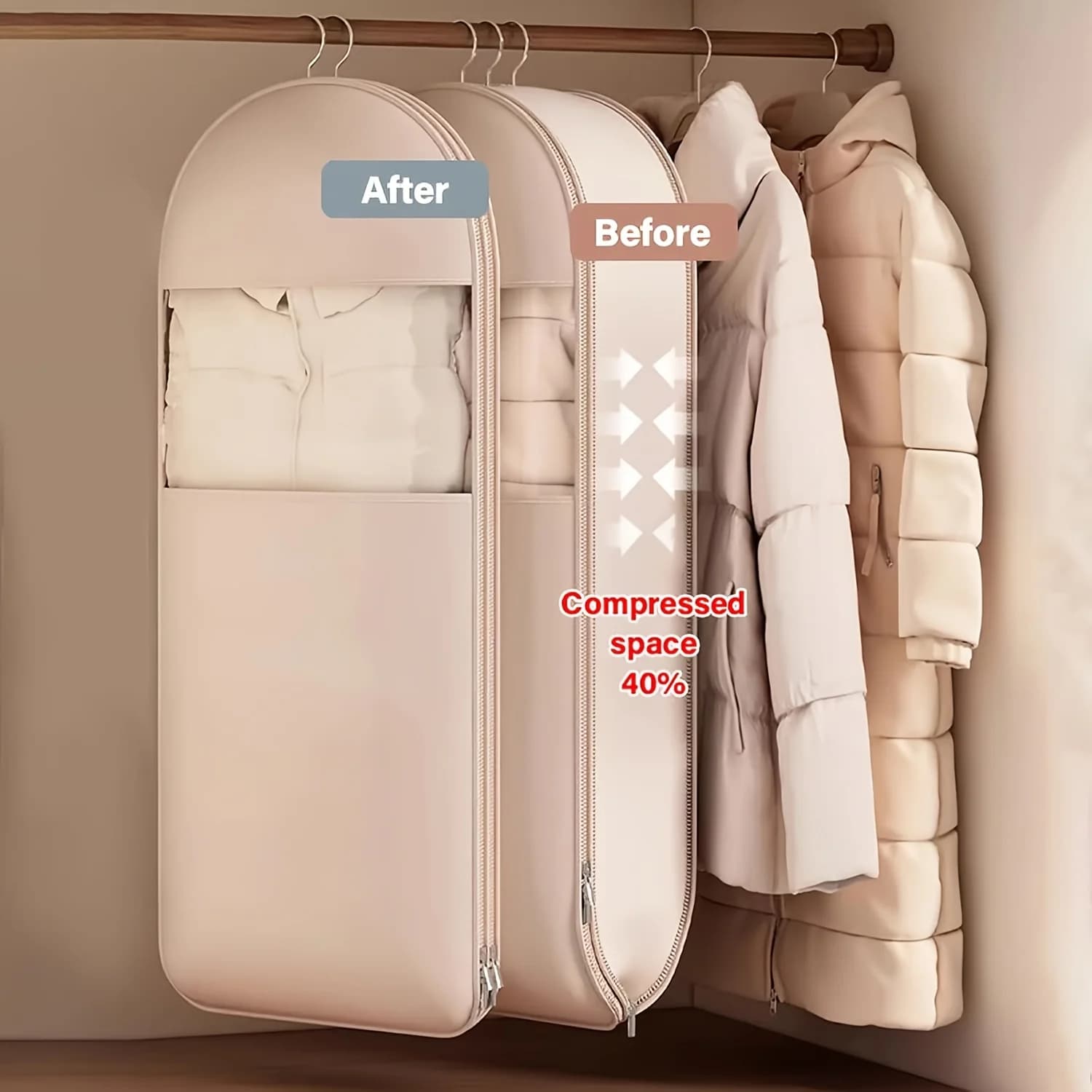 Borsa Sottovuoto Beige Salvaspazio, 40% di Risparmio, Contenitore Trasparente con Cerniera Resistente per Vestiti Invernali