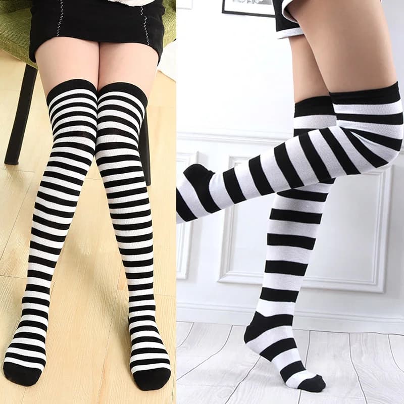 Calzini alti sopra il ginocchio da donna per ragazza Calze a righe bianche nere Calze lunghe in cotone Calzini scaldamuscoli lavorati a maglia Kawaii