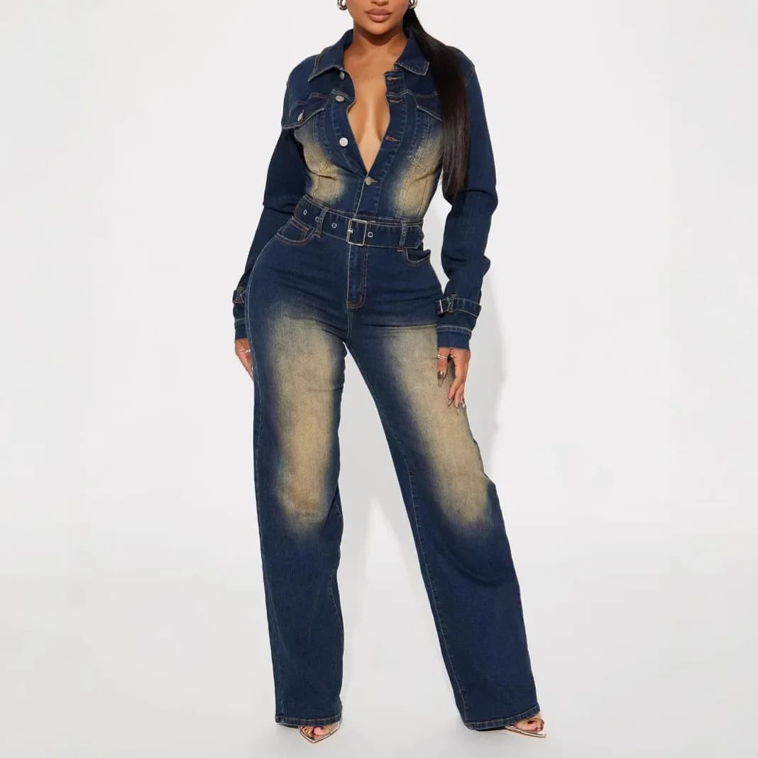 Tute di jeans Donna Jeans interi Pantaloni dritti Cintura lavata Colletto rovesciato Pantaloni monopetto Tuta Streetwear