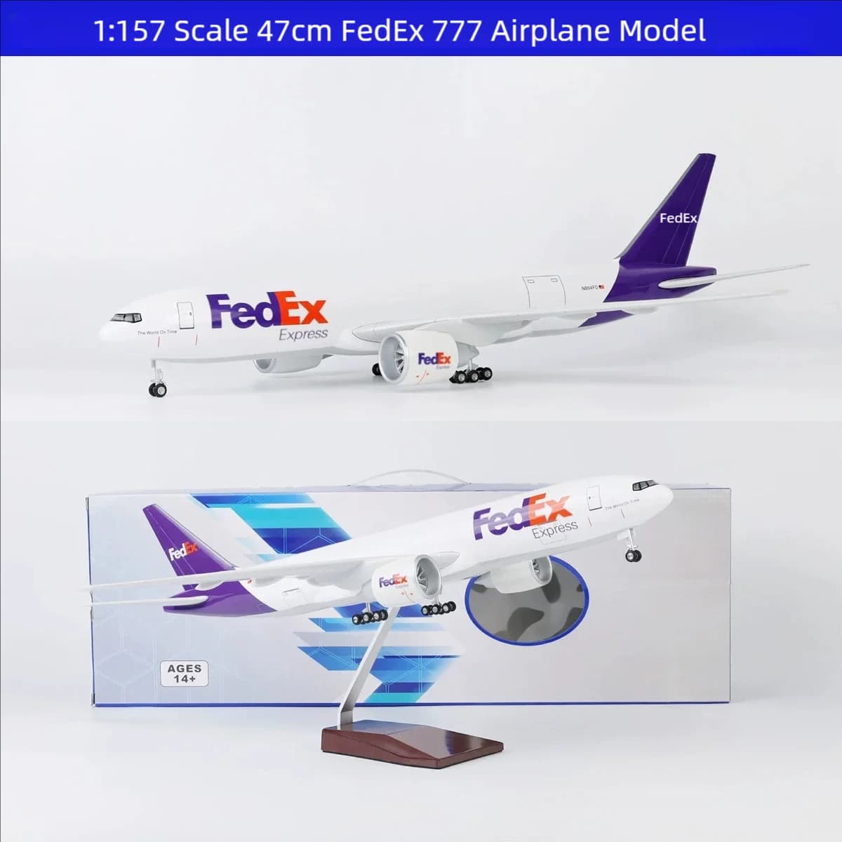 Modellino in Scala 1/157 di Aereo B777 FedEx Cargo Airways, 47cm, in Resina con Carrello di Atterraggio, per Collezione, Esposizione o Regalo