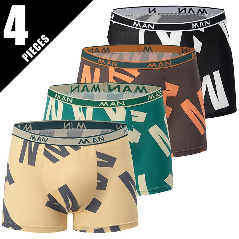 Set di 4 Boxer da Uomo, Slip Stampati alla Moda, Comodi e Traspiranti, Taglie Grandi, Elastico in Vita, Taglia Asiatica