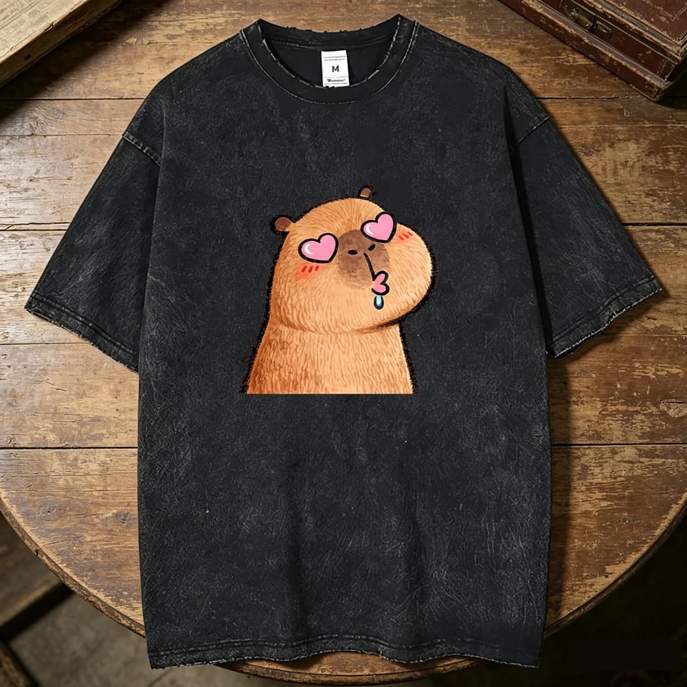 Capybara Vintage Washed cotton t shirt teen Classic Digital aesthetic Pop Culture t-shirt Comfortable streetwear Retro harajuku