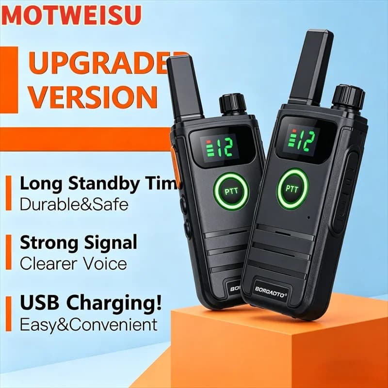 Mini Walkie Talkie 2 Pezzi, Radio Portatile Bidirezionale, Lunga Autonomia, Ricarica Rapida Type-C, con Funzione di Copia Frequenza a un Tasto
