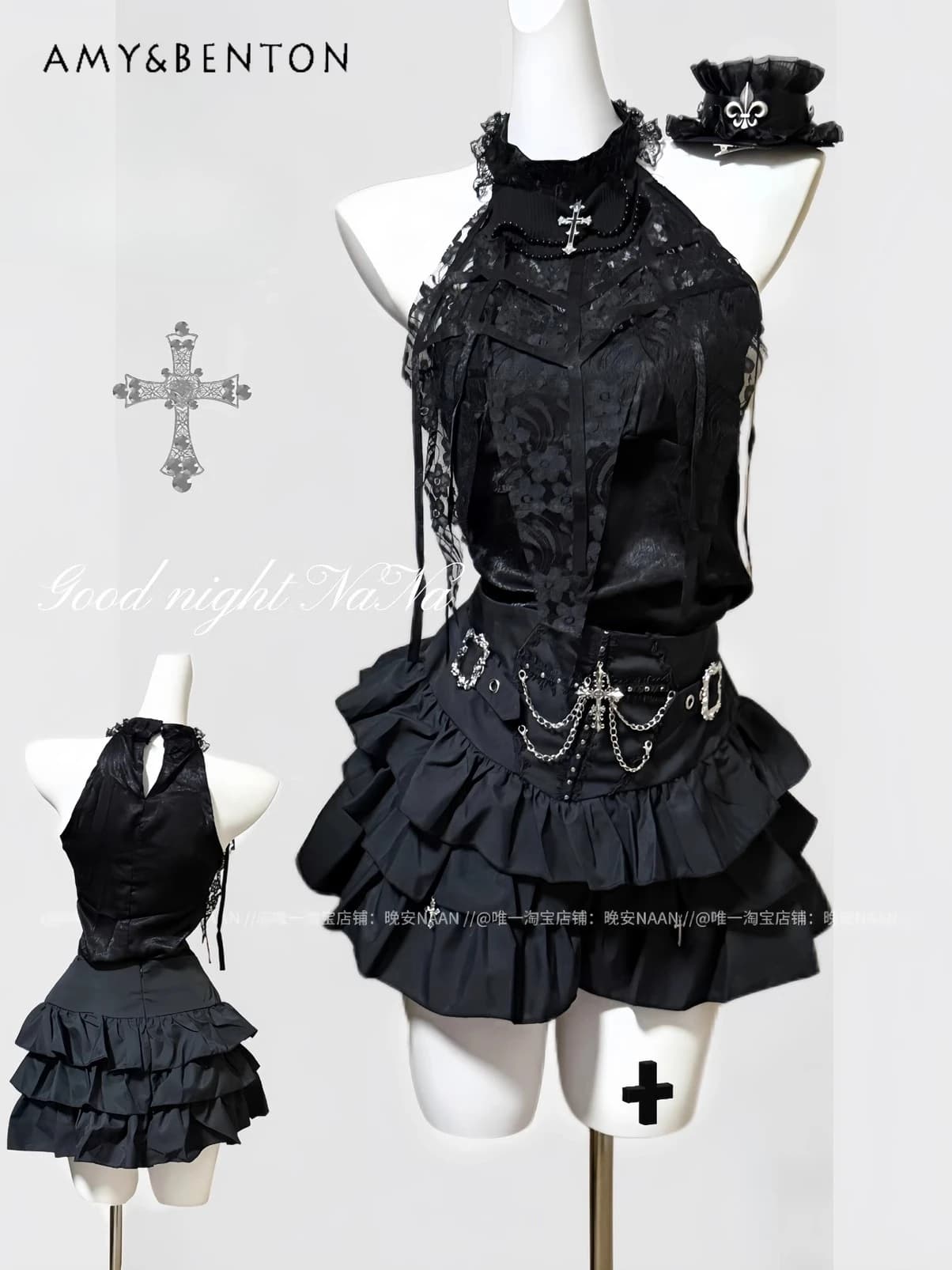 Dark Spice Girl Gotico Collo in pizzo Top senza maniche Vita alta Gonna torta sottile Set da due pezzi Abiti da donna Sottocultura Y2K Set
